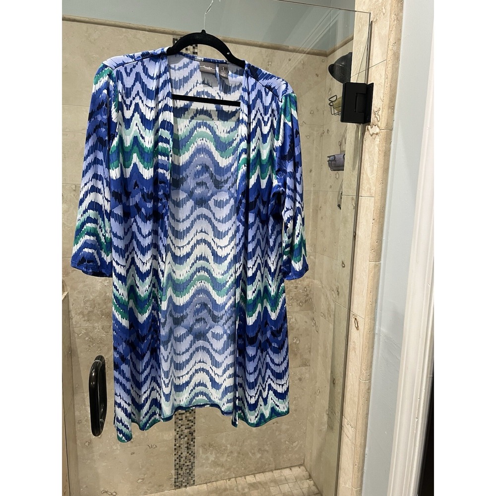 Chicos Travelers Duster Cardigan Blue Chevron Striped Coatigan Petite Size 1 M